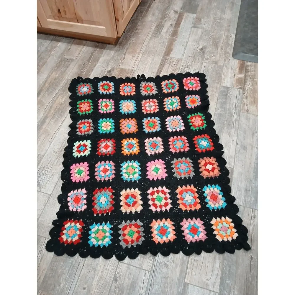 VTG Granny Square Crochet Afghan Throw 35x45 Black Multicolor Handmade Boho